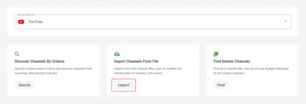 selecting import YouTube channels from file option